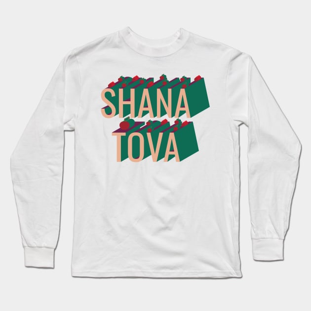 3D retro style Shana Tova apple and pomegranate Long Sleeve T-Shirt by sigdesign